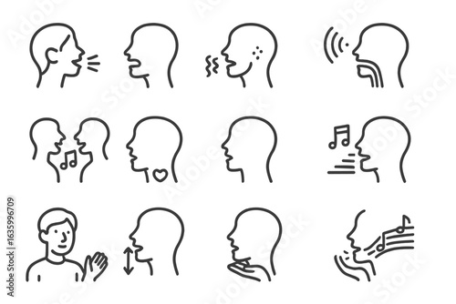Vocal Techniques Icons. Line style icons of vocal techniques: singing voice, vibrato icon, breath control, falsetto, harmony vocal