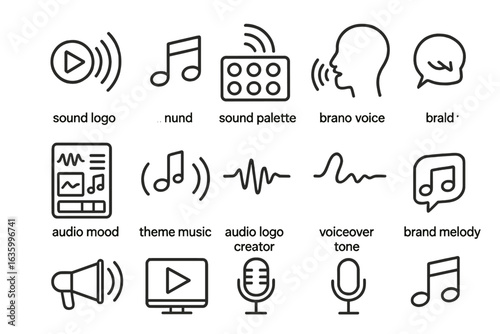 Sound Branding Icons. Line style icons of sound branding and identity: sonic logo, brand jingle, sound palette, brand voice icon,
