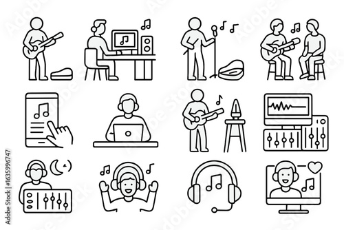 Music Lifestyle Icons. Line style icons of music lifestyle: street musician, bedroom studio, busking icon, jam session, playlist