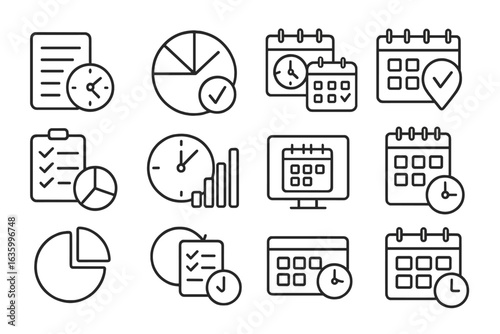 Time Management Icons. Line style icons of time management tools: time block planner, task clock icon, calendar sync, priority