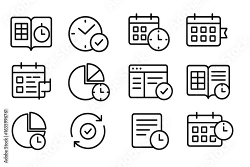 Time Management Icons. Line style icons of time management tools: time block planner, task clock icon, calendar sync, priority