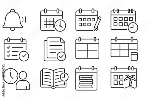 Academic Icon Set. Line style icons of school calendar and academic time: school bell, term start, exam week icon, class schedule,