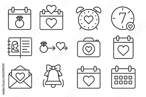 Wedding Date Icons. Line style icons of wedding and celebration dates: engagement calendar, save-the-date icon, big day alarm,