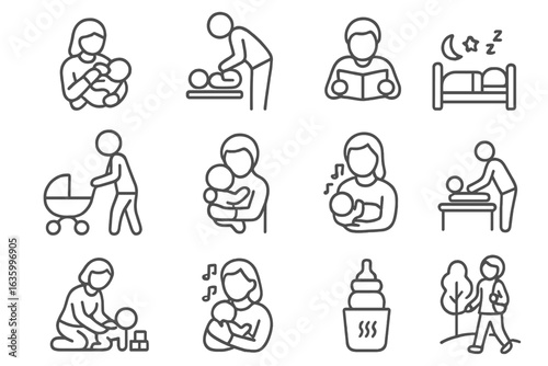 Parenting Icons Collection. Line style icons of parenting activities: feeding baby, changing diaper, reading to child, pushing