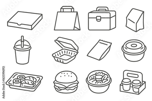 Food Packaging Icons. Line style icons of food delivery packaging: pizza box, takeaway bag, insulated delivery box, meal container