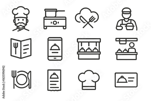 Restaurant Service Icons. Line style icons of restaurant delivery partners: chef logo, kitchen icon, cloud kitchen, meal prep