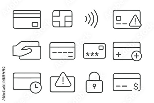 Card Icons Collection. Line style icons of credit and debit cards: credit card front, debit card chip, contactless icon, declined