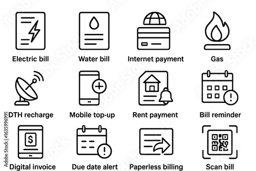 Bill Payment Icons. Line style icons of bill payment and utilities: electricity bill, water bill, internet payment, gas icon, DTH