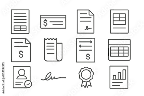 Financial Document Icons. Line style icons of financial documents: account statement, checkbook icon, loan contract, balance sheet