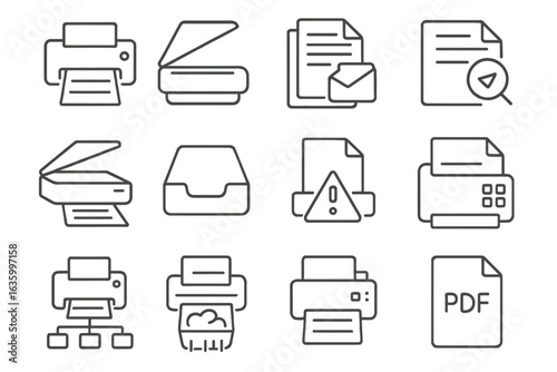 File Management Icons. Line style icons of file and print management: printer icon, scanner tray, copy job queue, print preview