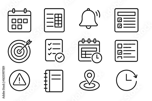 Planning Icons Collection. Line style icons of scheduling and planning: calendar icon, class schedule, reminder icon, study