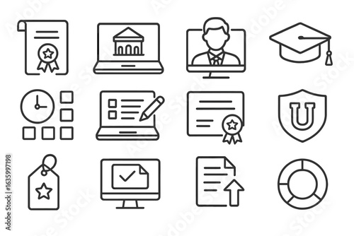 Online Degree Icons. Line style icons of online degree programs: degree icon, virtual campus, academic advisor icon, online