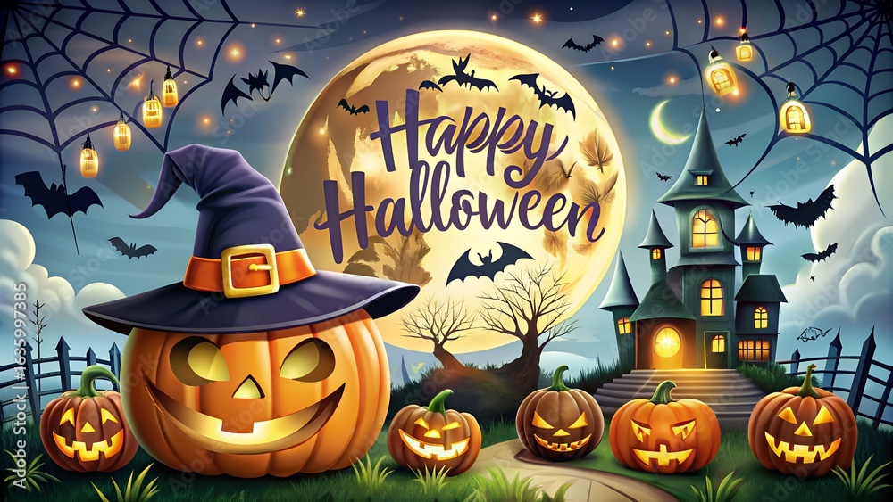 Fototapeta premium A cheerful carved pumpkin wearing a witch hat stands in front of a haunted house under a full moon on halloween night, with bats flying and lanterns glowing