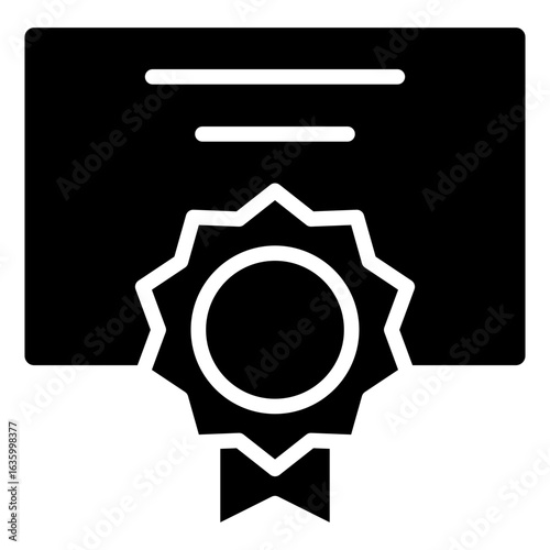 Certificate Badge Glyph Black Silhouette Icon Design Vector - certificate with a medal symbolizing official recognition, achievement, or completion. Ideal for credentials, certifications, and awards