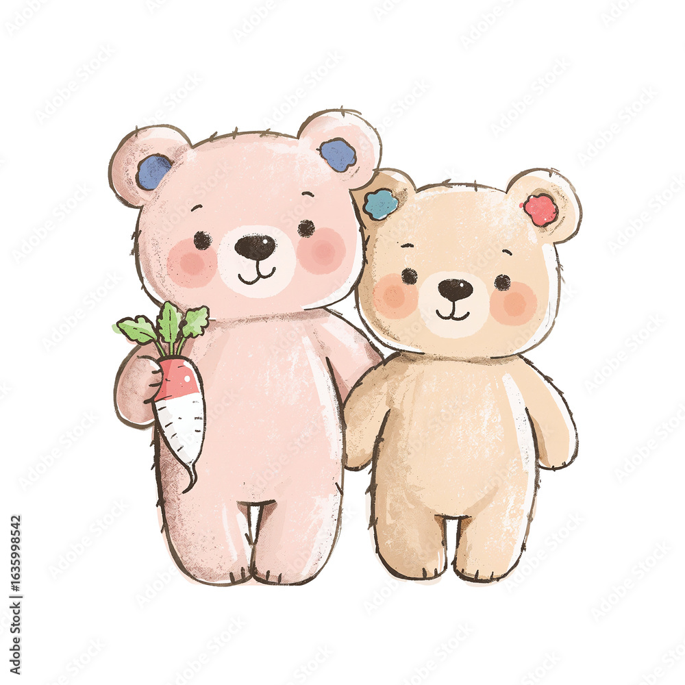Naklejka premium Whimsical bear duo with carrot watercolor illustration for playful designs