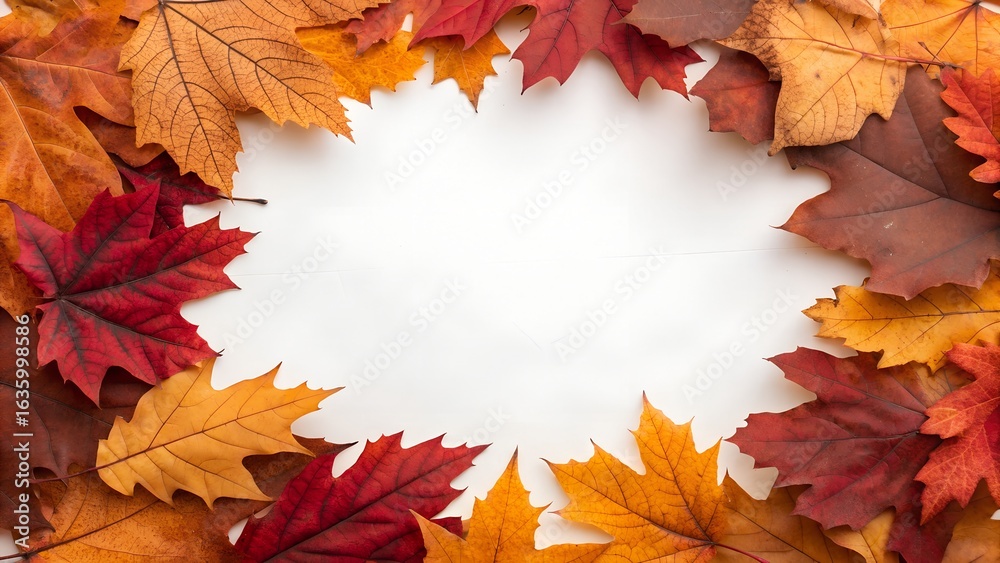 Obraz premium A circular frame made of vibrant autumn leaves in shades of red, orange, and yellow, set against a clean white background for copyspace