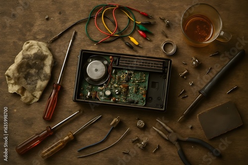 “Radio Repair Stall Table” — Chaotic Layout of Electronic Components, Oily Cloths, and Loose Screws_2