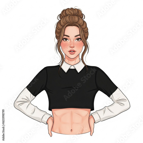 Vector art of attractive girl with brown hair in a bun and bare stomach isolated on white background
