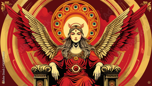 Regal goddess figure seated on a throne with majestic wings and intricate gold details in a vibrant red and gold design