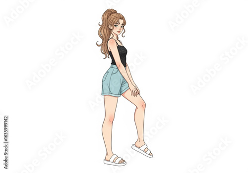 Vector art of anime girl in denim shorts isolated on white background, looking to the side
