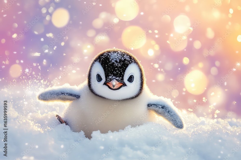 Obraz premium A cute baby penguin sliding on ice, surrounded by colorful snowflakes and a bright sky