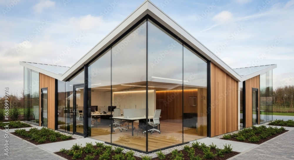 Obraz premium Modern office building with a prominent glass corner facade, wooden cladding, and landscaped gardens.