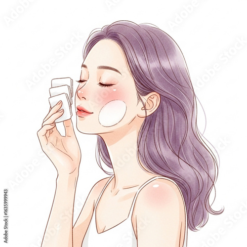 Vector art of young woman with lavender hair using cotton pads, isolated on white background