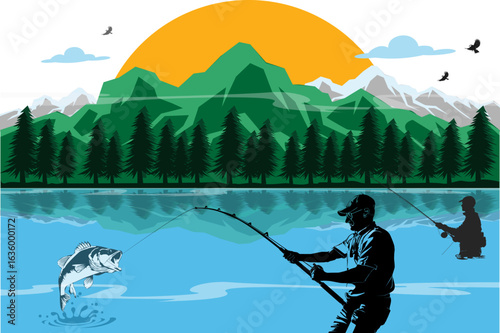 Grandpa caught a big fish and fought it happily.Fly fisherman fishing. Vector