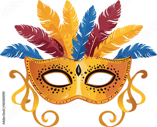 Golden Venetian mask with colorful feathers and ribbons