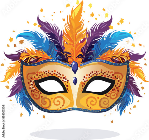 Yellow Venetian mask with colorful feathers and confetti