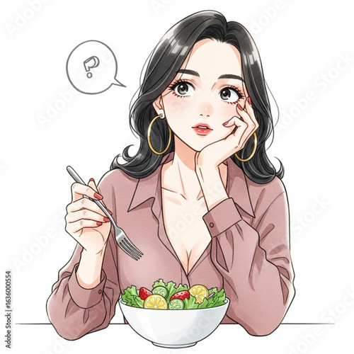 Vector art of woman eating salad and thinking isolated on white background