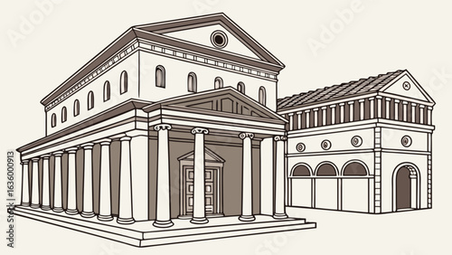Architectural drawing of ancient roman buildings with columns and detailed line work for design projects
