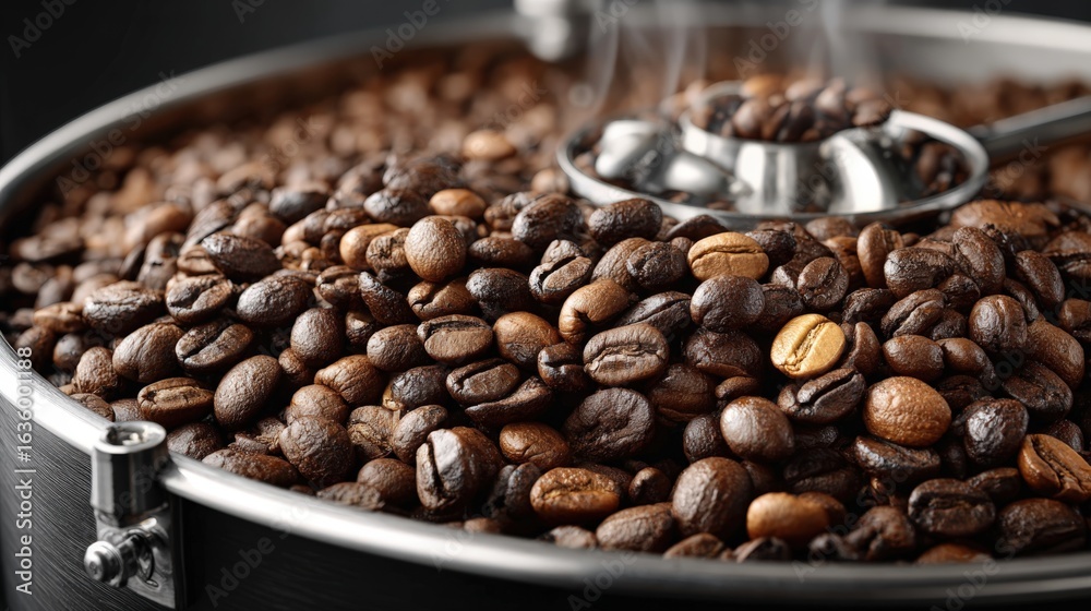 Fototapeta premium Close-up view of organic Colombian arabica beans roasting in Medellin drum