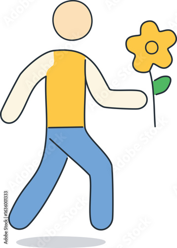 Stylized man walking with yellow flower green leaf