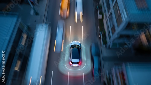 Wallpaper Mural Aerial view of a futuristic self driving car navigating a busy city street at night Torontodigital.ca
