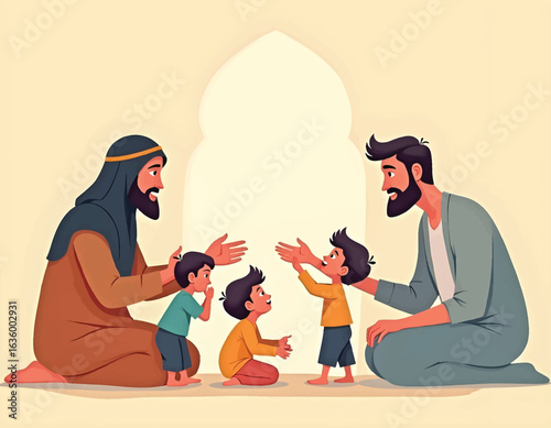 Two men giving money to children in a flat illustration style