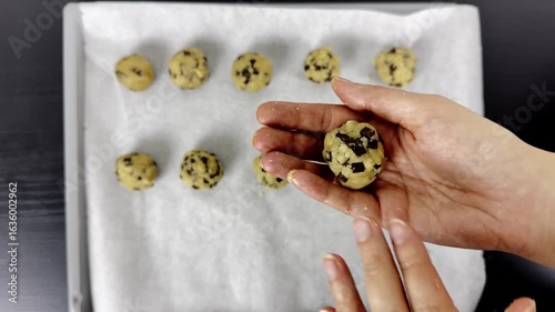 Wallpaper Mural Placing chocolate chip cookie dough ball on baking tray with parchment paper for homemade dessert preparation — step-by-step cooking tutorial for recipe and food content Torontodigital.ca