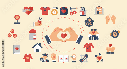 Charity Donation Community Support Flat Icons Set