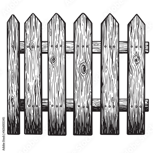 Hand drawn illustration of a wooden fence in a classic vintage style design