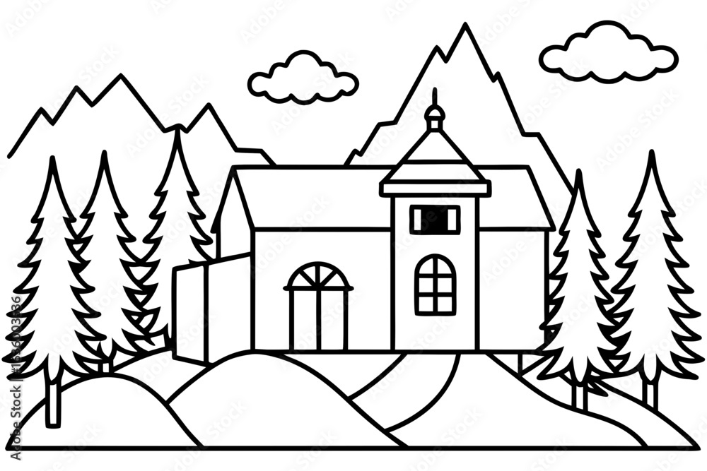 Fototapeta premium Rural Landscape with Mountains and House Coloring Page - Printable Nature Scene