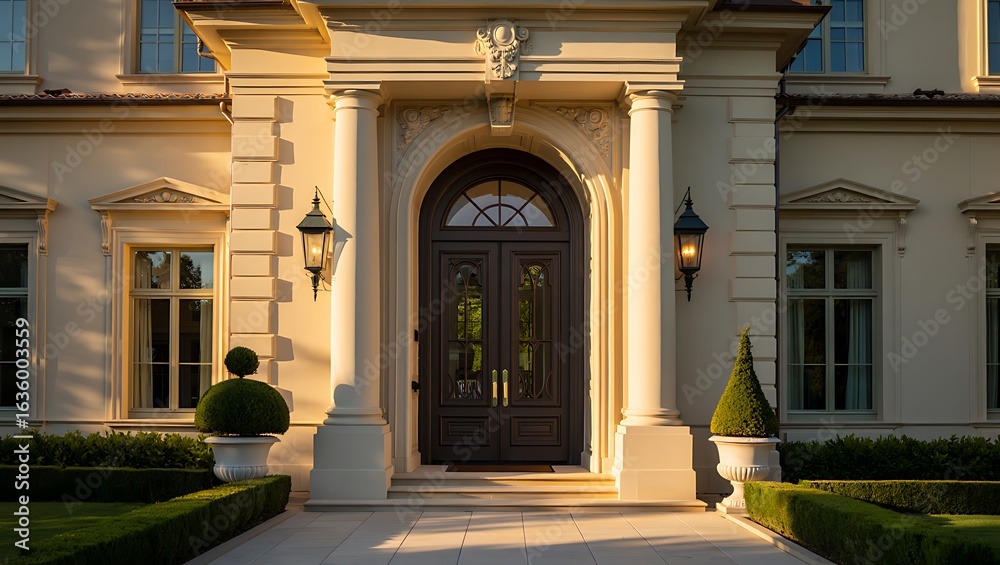 Fototapeta premium Grand Entrance of Luxurious Estate with Elegant Architecture and Landscaped Garden at Sunset