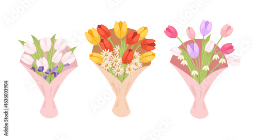 Floral bouquets in decorative wrapping. Mixed arrangements with tulips and spring flowers in various colors. Pink paper wrapped bunches. Gift-ready. Vector illustration isolated on white background