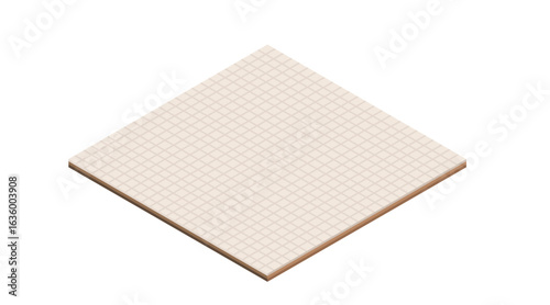Isometric tiled base platform. Cream-colored square surface with grid pattern. Foundation element for urban design. Empty placement area. Vector illustration isolated on white background