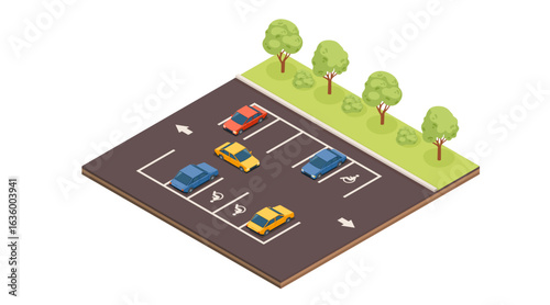 Isometric parking lot set. Paved area with marked spaces and arrows. Colorful parked vehicles. Green trees along perimeter. Urban design elements. Vector illustration isolated on white background