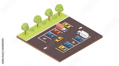Isometric urban planning collection. Parking lot with marked spaces and colorful vehicles. Green trees along perimeter. Transportation infrastructure. Vector illustration isolated on white