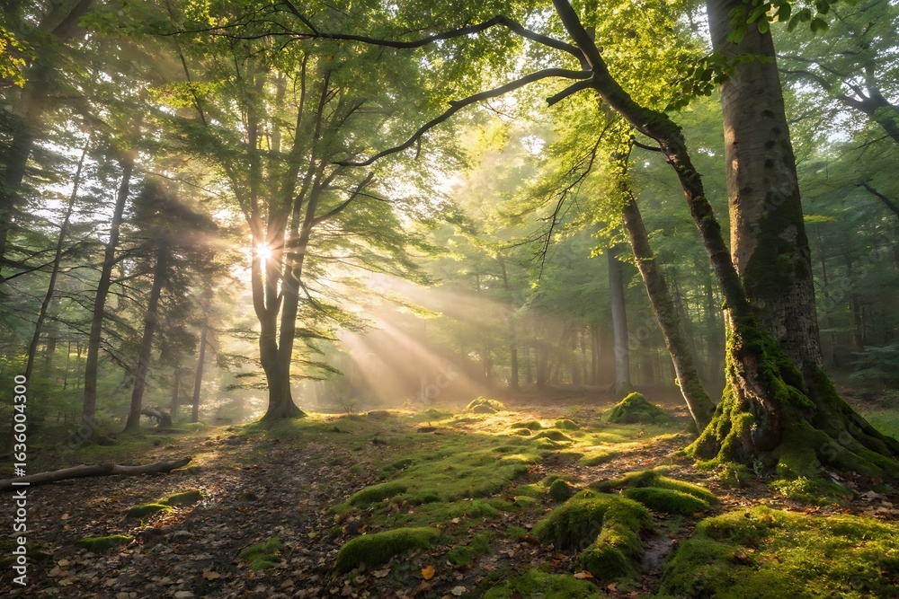 Obraz premium Sunbeams pierce through lush green forest canopy illuminating mossy forest floor