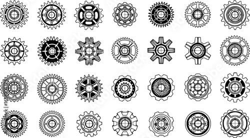 a collection of gear icons, different gear shapes, black and white illustration, gear set, mechanical parts, technical drawing, precision engineering, vector graphics