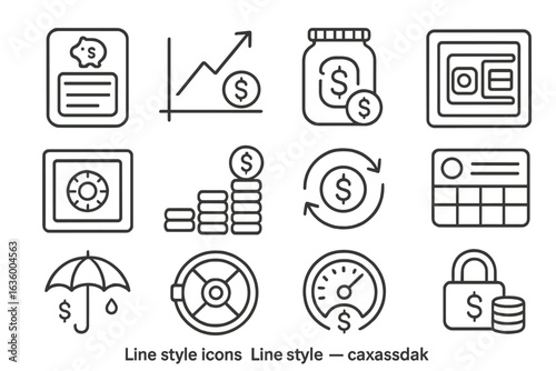 Savings Strategy Icons. Line style icons of saving strategies: savings tracker, interest growth, emergency fund jar, auto-save
