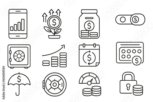 Savings Strategy Icons. Line style icons of saving strategies: savings tracker, interest growth, emergency fund jar, auto-save