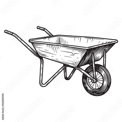 Hand drawn vintage illustration of a wheelbarrow with cross hatching details on white background